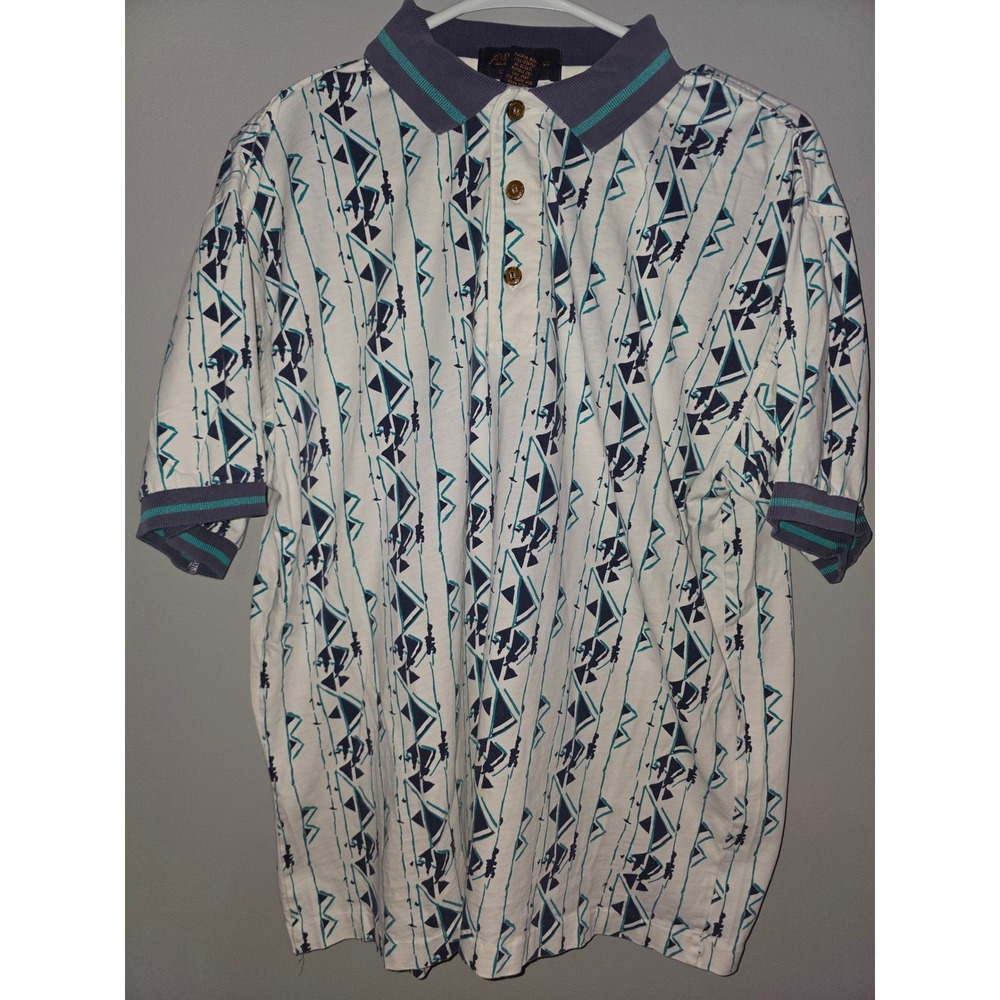 Antigua Golf Mens Small Polo Shirt Vintage 90s Geometric Abstract Print Cotton